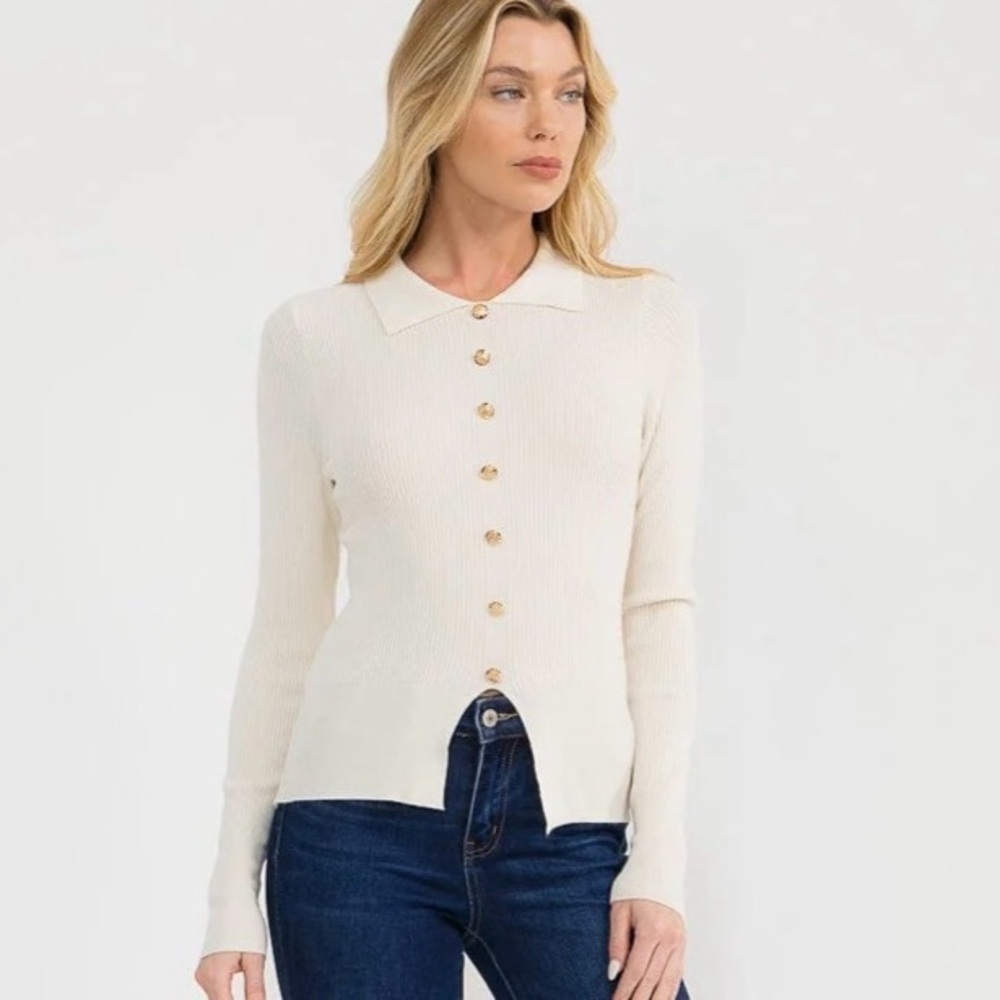 Ribbed Button-Front Polo Cardigan - Cream